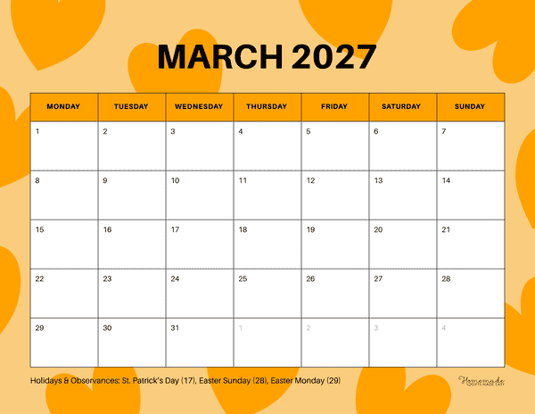 March Calendar 2027 Warm Orange Simple Playful Hearts Monday Start
