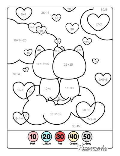 Math Coloring Pages Cute Cats in Love Add Subtract Multiply Divide