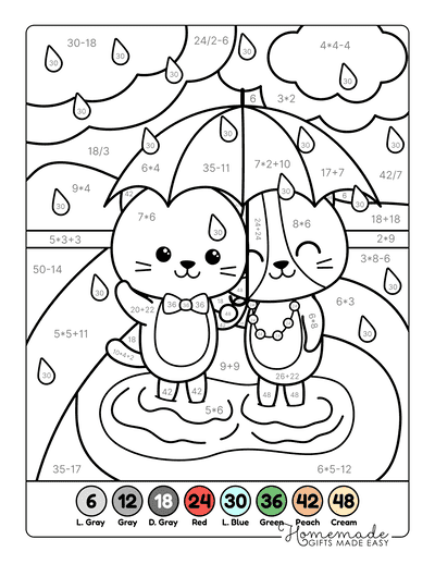 Math Coloring Pages Cute Cats in the Rain