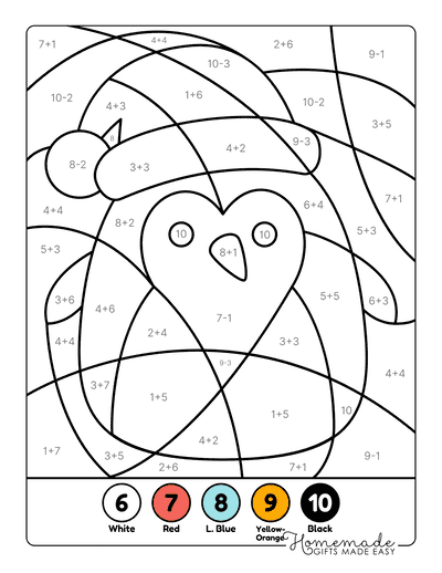 Math Coloring Pages Cute Christmas Penguin Addition Subtraction