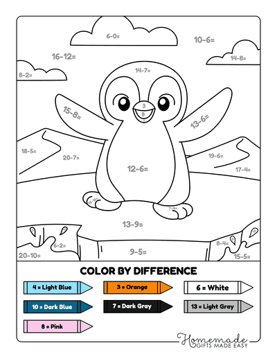 Math Coloring Pages Easy Color by Difference Cute Penguin for Kids