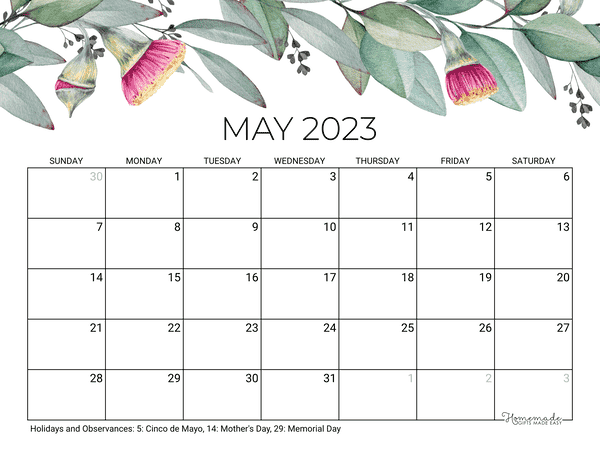 May 2023 Calendar Homemade Gifts Made Easy Image To U