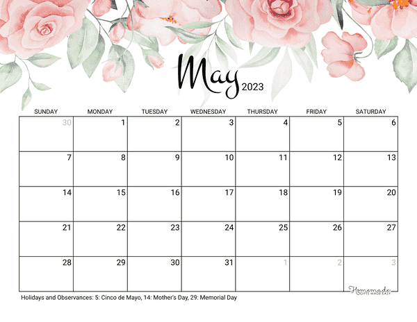 may Calendar 2023 Printable Rose