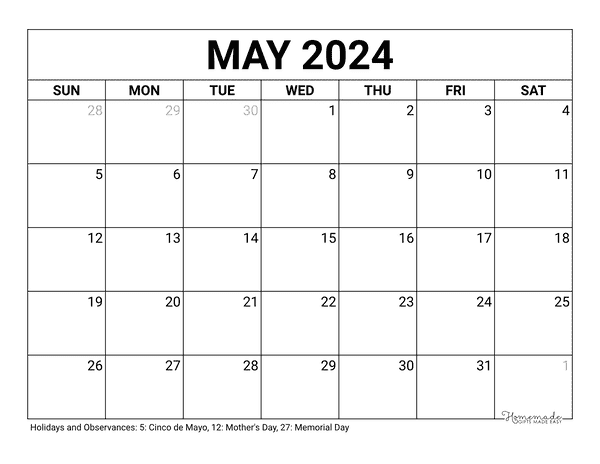 May 2024 Calendar  Free Printable with Holidays