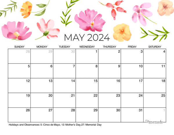 Free Printable May 2024 Calendars - Download