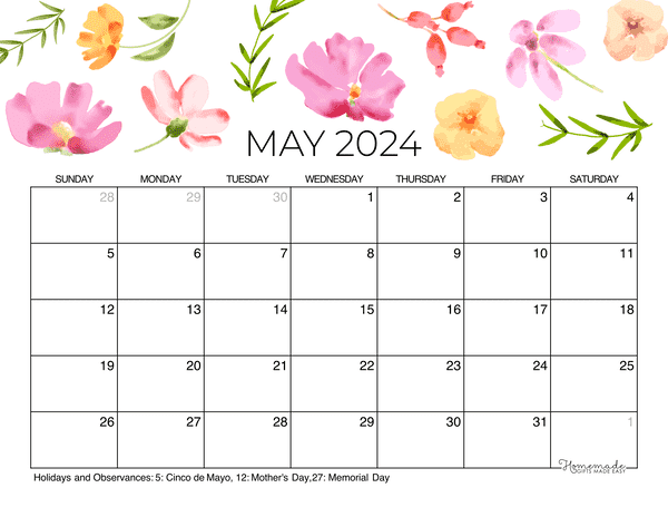 May 2023 & 2024 Calendar | Free Printable with Holidays