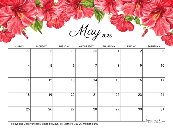 May Calendar 2025 Printable Hibiscus