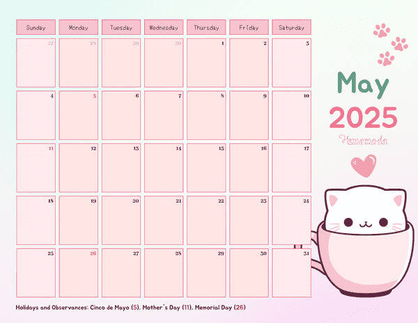 May 2025 Calendar Printable with Holidays