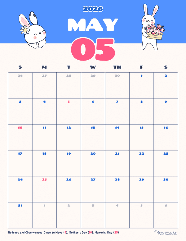 Colorful Springtime Bunnies May 2026 Calendar Printable (Portrait)