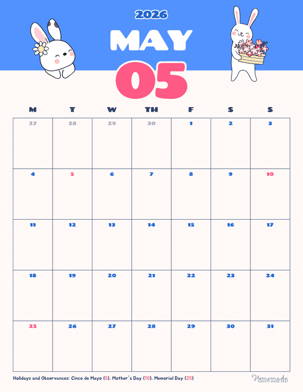 may calendar 2026 colorful springtime bunnies portrait monday start
