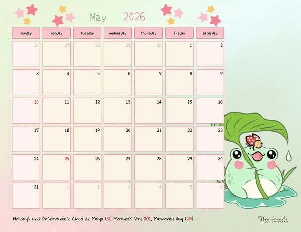 Cream Cute Frog May 2026 Calendar Printable