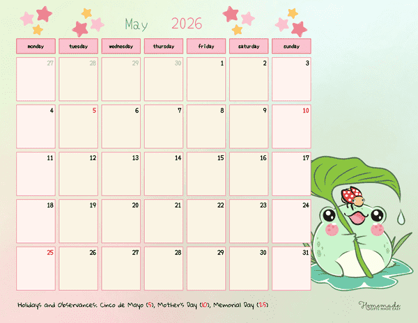 may calendar 2026 cream cute frog monday start