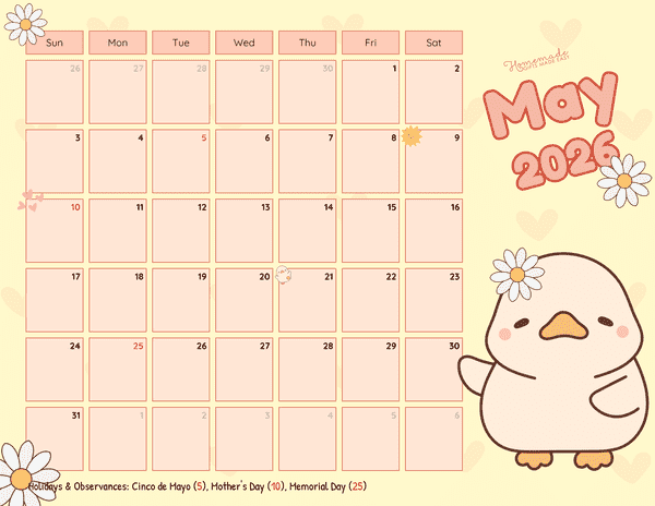 Cute Cream Cartoon Duckling May 2026 Calendar Printable