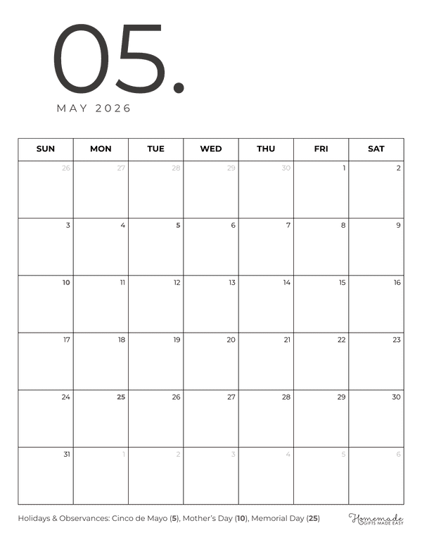 Minimalist May 2026 Calendar Printable (Portrait)
