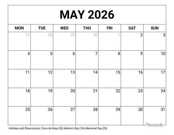 May Calendar 2026 Printable Blank Monday Start