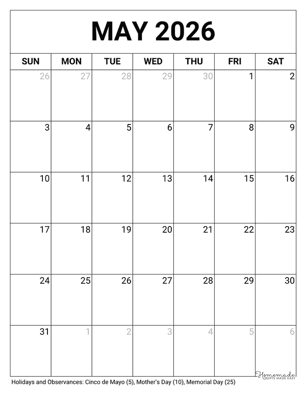 May Calendar 2026 Printable Blank Portrait