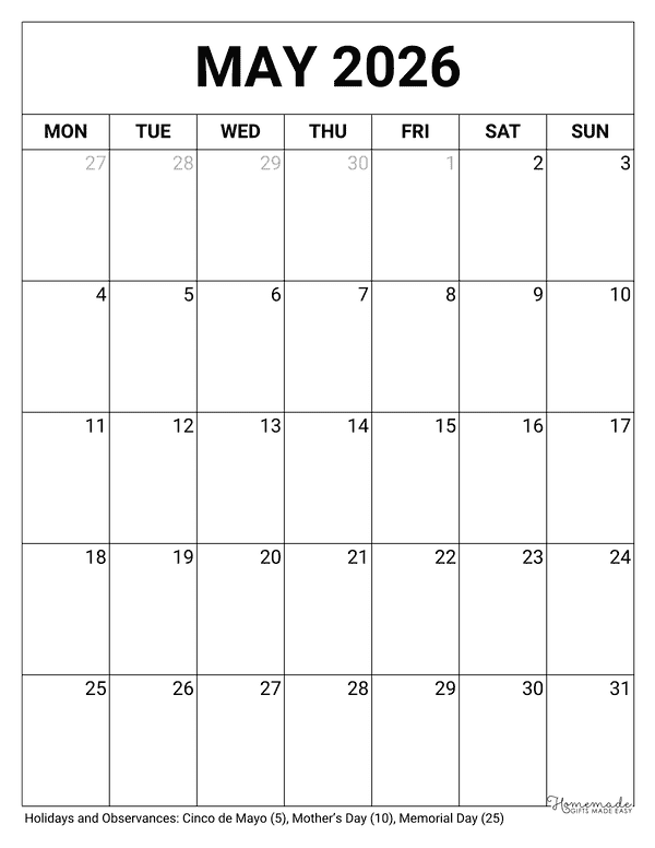 may calendar 2026 printable blank portrait monday start
