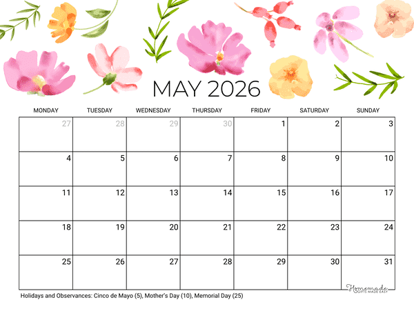 May Calendar 2026 Printable Mothers Day Landscape Monday Start