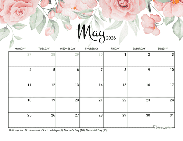 may calendar 2026 printable rose monday start
