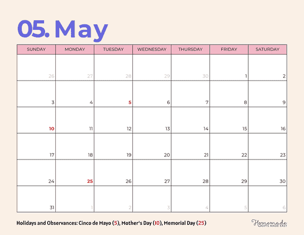 Purple and Pink Minimalist May 2026 Calendar Printable