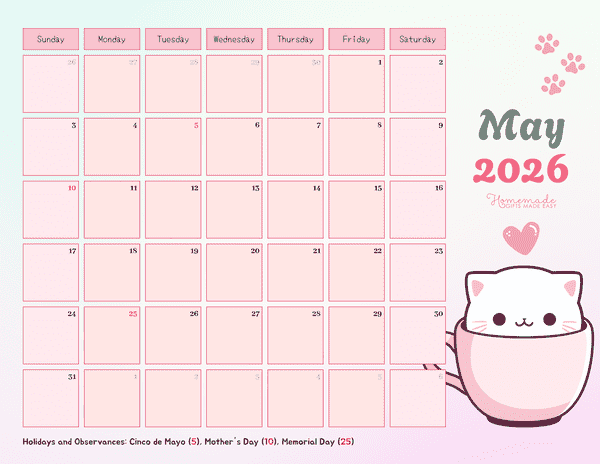 Simple Colorful Cartoon Cat May 2026 Calendar Printable