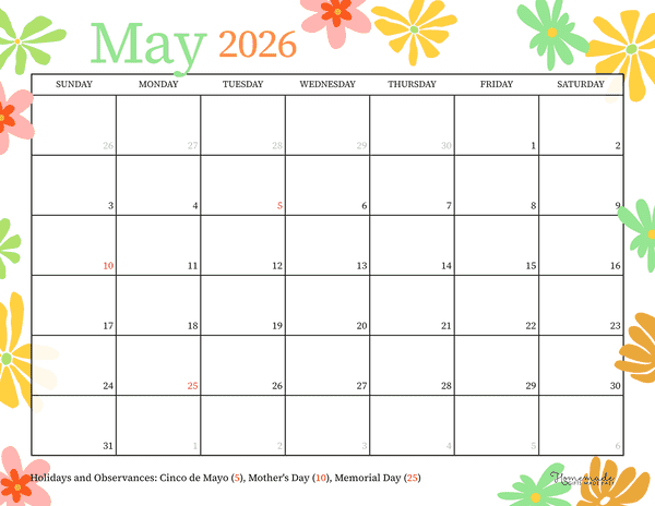 Simple Floral Retro May 2026 Calendar Printable