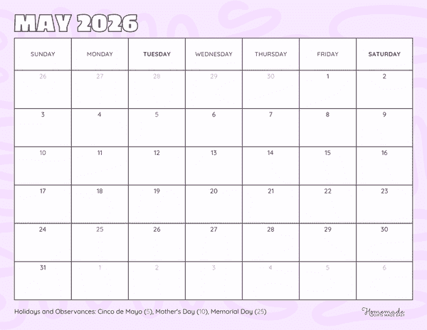 Simple Lilac Minimalist May 2026 Calendar Printable