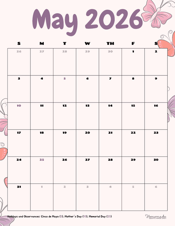 Springtime Butterflies May 2026 Calendar Printable (Portrait)
