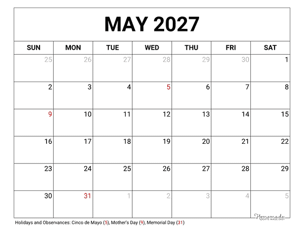 May Calendar 2027 Printable Blank