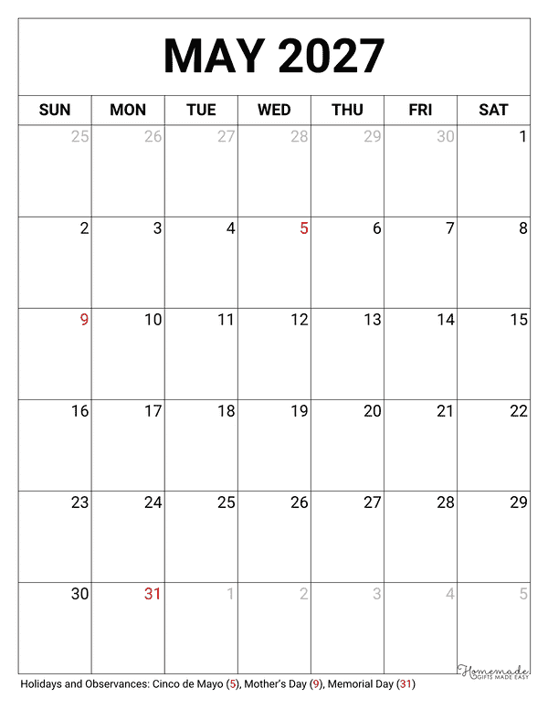 May Calendar 2027 Printable Blank Portrait