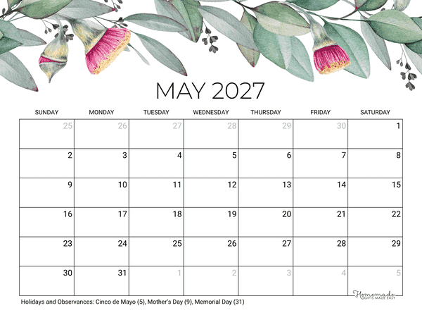 May Calendar 2027 Printable Eucalyptus
