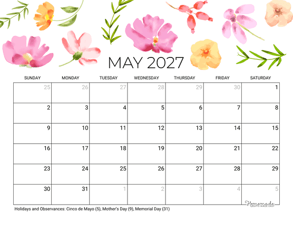 May Calendar 2027 Printable Mothers Day Landscape
