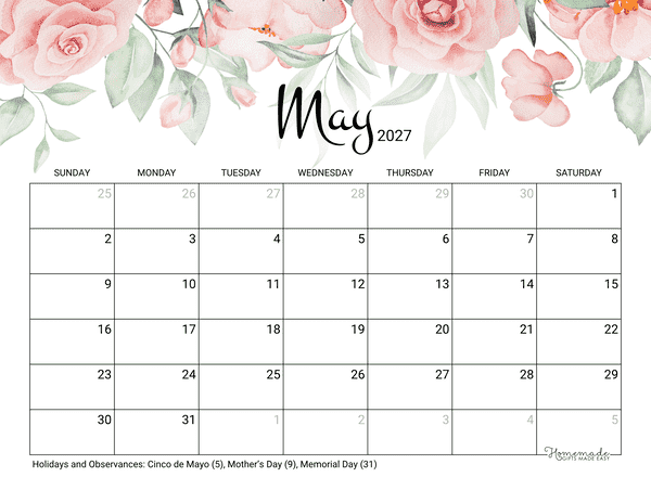 May Calendar 2027 Printable Rose