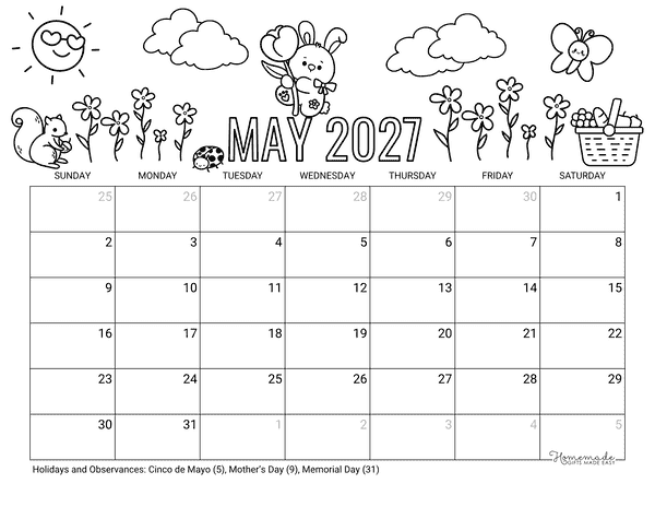 May Calendar 2027 Printable Spring Flowers Scene to Color