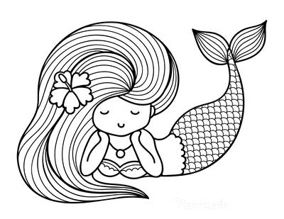 Mermaid Coloring Page Cute Cartoon Flower Hair