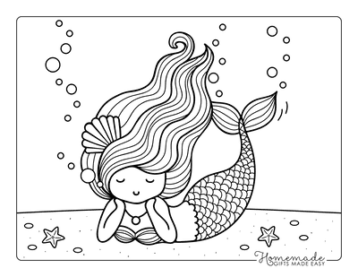 Mermaid Coloring Page Cute Cartoon Shell Hair