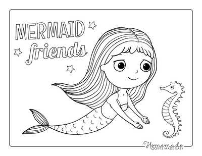 Mermaid Coloring Page Cute Large Eyes Mermaid Seahorse