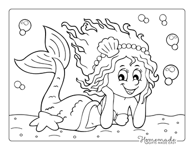 Mermaid Coloring Page Cute Swimming Mermaid With Bubbles