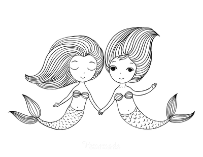 Mermaid Coloring Page Mermaid Friends Holding Hands