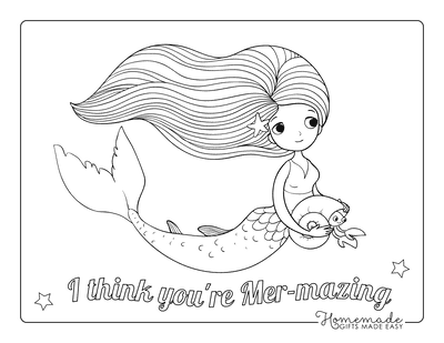 Mermaid Coloring Page Swimming Hair Flowing Cute Crab