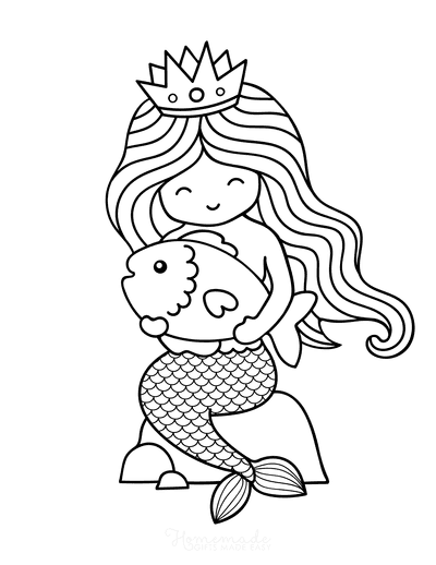 Mermaid Coloring Pages Cartoon Cute Holding Fish