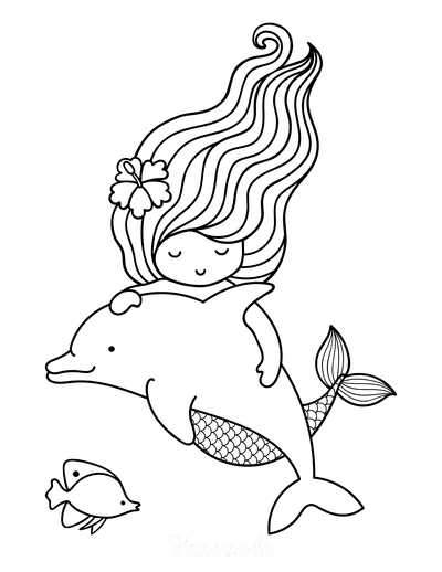 Mermaid Coloring Pages Cartoon Cute Mermaid With Dolphin