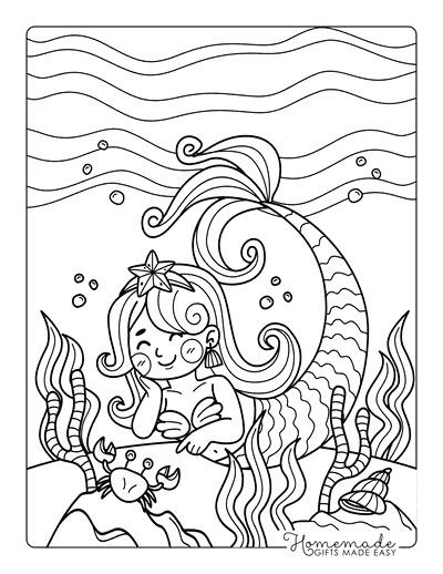 Mermaid Coloring Pages Cute Mermaid With Sea Creature Friends