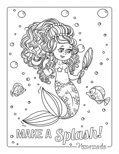 Mermaid Coloring Pages Looking at Mirror Big Hair