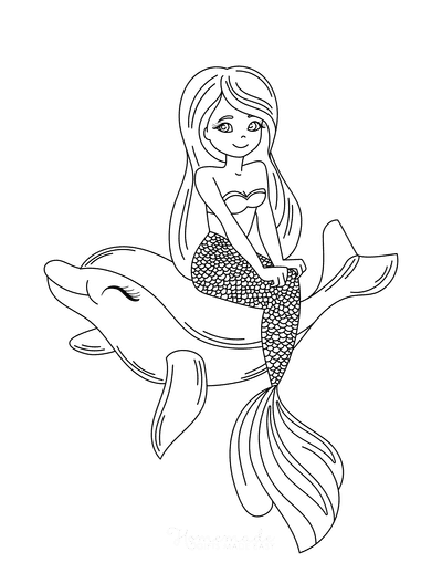 Mermaid Coloring Pages Sitting on a Dolphin