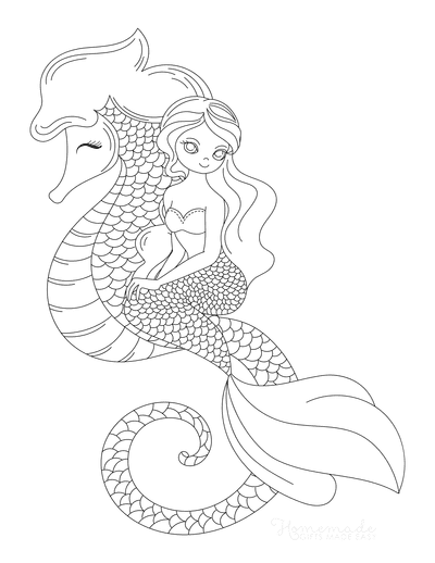 Mermaid Coloring Pages Sitting on Sea Horse