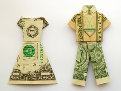 money origami dress and suit shirt and pants