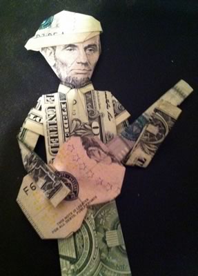 money origami shirt, tie, guitar, and Abe Lincoln head