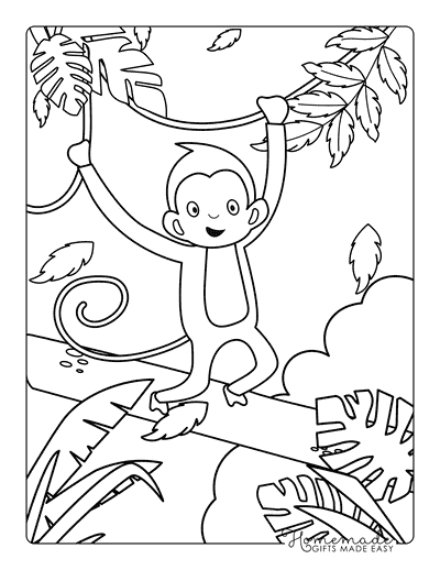 Monkey Coloring Pages Simple Cute Happy Monkey Swinging Vines