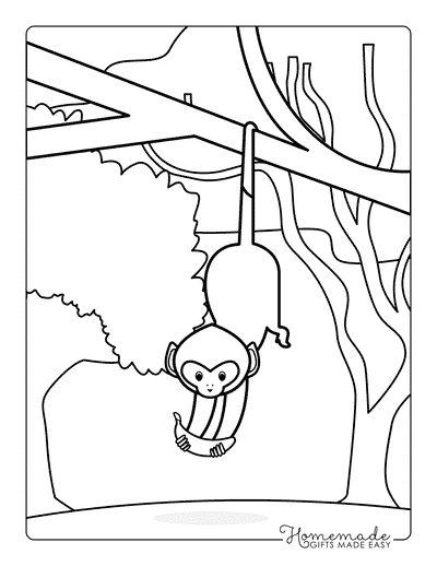 Monkey Coloring Pages Simple Cute Monkey and Banana Hanging Jungle Branch